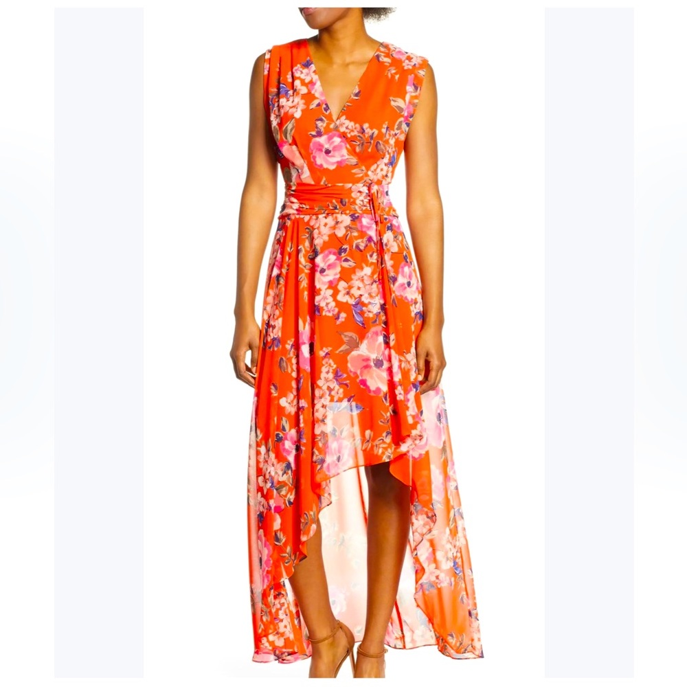 Eliza J Floral Surplice V-Neck High-Low Maxi Dress 4P Petites NWT